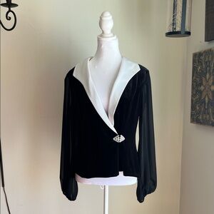 Alex Evenings Black and White Velvet Jacket with Rhinestone Clasp